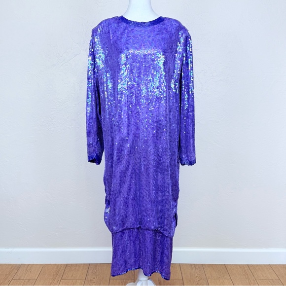 Vintage Judith Ann Creations Iridescent Purple Beaded Sequin Silk Dress 2X 18-20 - Picture 1 of 16